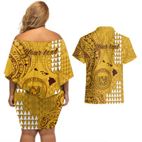 Personalised Maui Island Couples Matching Off Shoulder Short Dress and Hawaiian Shirt Kakau Tribal Mixed Polynesian Pattern Gold LT9 - Wonder Print Shop
