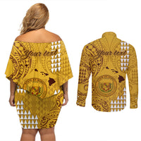 Personalised Maui Island Couples Matching Off Shoulder Short Dress and Long Sleeve Button Shirts Kakau Tribal Mixed Polynesian Pattern Gold LT9 - Wonder Print Shop