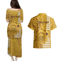 Personalised Maui Island Couples Matching Puletasi Dress and Hawaiian Shirt Kakau Tribal Mixed Polynesian Pattern Gold LT9 - Wonder Print Shop
