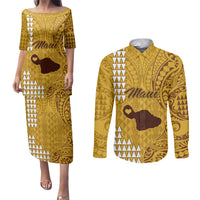Personalised Maui Island Couples Matching Puletasi Dress and Long Sleeve Button Shirts Kakau Tribal Mixed Polynesian Pattern Gold LT9 - Wonder Print Shop