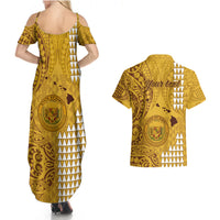 Personalised Maui Island Couples Matching Summer Maxi Dress and Hawaiian Shirt Kakau Tribal Mixed Polynesian Pattern Gold LT9 - Wonder Print Shop