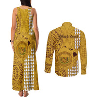 Personalised Maui Island Couples Matching Tank Maxi Dress and Long Sleeve Button Shirts Kakau Tribal Mixed Polynesian Pattern Gold LT9 - Wonder Print Shop