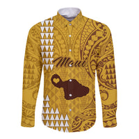 Personalised Maui Island Long Sleeve Button Shirt Kakau Tribal Mixed Polynesian Pattern Gold - Wonder Print Shop