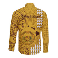 Personalised Maui Island Long Sleeve Button Shirt Kakau Tribal Mixed Polynesian Pattern Gold - Wonder Print Shop
