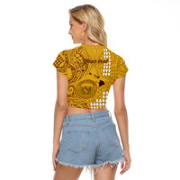 Personalised Maui Island Raglan Cropped T Shirt Kakau Tribal Mixed Polynesian Pattern Gold - Wonder Print Shop