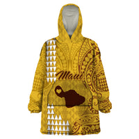 Personalised Maui Island Wearable Blanket Hoodie Kakau Tribal Mixed Polynesian Pattern Gold - Wonder Print Shop