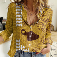 Personalised Maui Island Women Casual Shirt Kakau Tribal Mixed Polynesian Pattern Gold - Wonder Print Shop