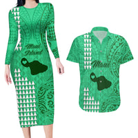 Maui Island Couples Matching Long Sleeve Bodycon Dress and Hawaiian Shirt Kakau Tribal Mixed Polynesian Pattern Green LT9 - Wonder Print Shop