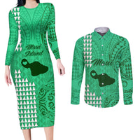 Maui Island Couples Matching Long Sleeve Bodycon Dress and Long Sleeve Button Shirts Kakau Tribal Mixed Polynesian Pattern Green LT9 - Wonder Print Shop