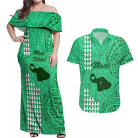 Maui Island Couples Matching Off Shoulder Maxi Dress and Hawaiian Shirt Kakau Tribal Mixed Polynesian Pattern Green LT9 - Wonder Print Shop