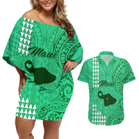 Maui Island Couples Matching Off Shoulder Short Dress and Hawaiian Shirt Kakau Tribal Mixed Polynesian Pattern Green LT9 - Wonder Print Shop