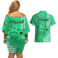 Maui Island Couples Matching Off Shoulder Short Dress and Hawaiian Shirt Kakau Tribal Mixed Polynesian Pattern Green LT9 - Wonder Print Shop