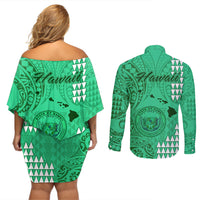 Maui Island Couples Matching Off Shoulder Short Dress and Long Sleeve Button Shirts Kakau Tribal Mixed Polynesian Pattern Green LT9 - Wonder Print Shop