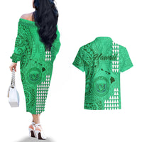 Maui Island Couples Matching Off The Shoulder Long Sleeve Dress and Hawaiian Shirt Kakau Tribal Mixed Polynesian Pattern Green LT9 - Wonder Print Shop