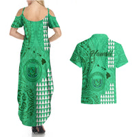 Maui Island Couples Matching Summer Maxi Dress and Hawaiian Shirt Kakau Tribal Mixed Polynesian Pattern Green LT9 - Wonder Print Shop