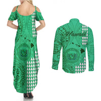 Maui Island Couples Matching Summer Maxi Dress and Long Sleeve Button Shirts Kakau Tribal Mixed Polynesian Pattern Green LT9 - Wonder Print Shop