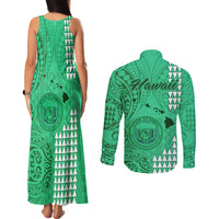 Maui Island Couples Matching Tank Maxi Dress and Long Sleeve Button Shirts Kakau Tribal Mixed Polynesian Pattern Green LT9 - Wonder Print Shop