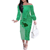 Maui Island Off The Shoulder Long Sleeve Dress Kakau Tribal Mixed Polynesian Pattern Green - Wonder Print Shop