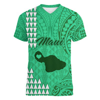 Maui Island Women V Neck T Shirt Kakau Tribal Mixed Polynesian Pattern Green - Wonder Print Shop