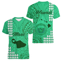 Maui Island Women V Neck T Shirt Kakau Tribal Mixed Polynesian Pattern Green - Wonder Print Shop