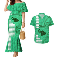 Personalised Maui Island Couples Matching Mermaid Dress and Hawaiian Shirt Kakau Tribal Mixed Polynesian Pattern Green LT9 - Wonder Print Shop