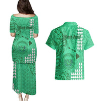 Personalised Maui Island Couples Matching Puletasi Dress and Hawaiian Shirt Kakau Tribal Mixed Polynesian Pattern Green LT9 - Wonder Print Shop