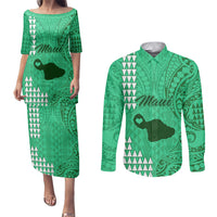 Personalised Maui Island Couples Matching Puletasi Dress and Long Sleeve Button Shirts Kakau Tribal Mixed Polynesian Pattern Green LT9 - Wonder Print Shop