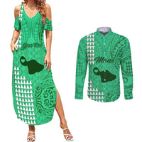 Personalised Maui Island Couples Matching Summer Maxi Dress and Long Sleeve Button Shirts Kakau Tribal Mixed Polynesian Pattern Green LT9 - Wonder Print Shop