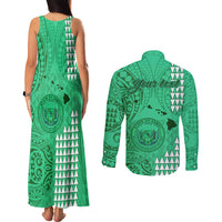 Personalised Maui Island Couples Matching Tank Maxi Dress and Long Sleeve Button Shirts Kakau Tribal Mixed Polynesian Pattern Green LT9 - Wonder Print Shop