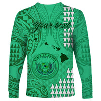Personalised Maui Island Long Sleeve Shirt Kakau Tribal Mixed Polynesian Pattern Green - Wonder Print Shop
