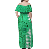 Personalised Maui Island Off Shoulder Maxi Dress Kakau Tribal Mixed Polynesian Pattern Green - Wonder Print Shop
