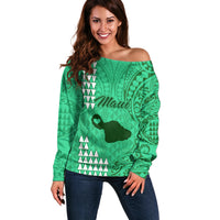 Personalised Maui Island Off Shoulder Sweater Kakau Tribal Mixed Polynesian Pattern Green - Wonder Print Shop