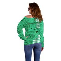 Personalised Maui Island Off Shoulder Sweater Kakau Tribal Mixed Polynesian Pattern Green - Wonder Print Shop