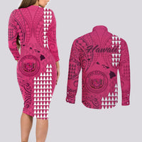 Maui Island Couples Matching Long Sleeve Bodycon Dress and Long Sleeve Button Shirts Kakau Tribal Mixed Polynesian Pattern Pink LT9 - Wonder Print Shop