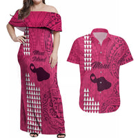 Maui Island Couples Matching Off Shoulder Maxi Dress and Hawaiian Shirt Kakau Tribal Mixed Polynesian Pattern Pink LT9 - Wonder Print Shop