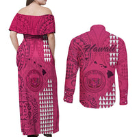 Maui Island Couples Matching Off Shoulder Maxi Dress and Long Sleeve Button Shirts Kakau Tribal Mixed Polynesian Pattern Pink LT9 - Wonder Print Shop