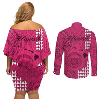 Maui Island Couples Matching Off Shoulder Short Dress and Long Sleeve Button Shirts Kakau Tribal Mixed Polynesian Pattern Pink LT9 - Wonder Print Shop