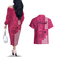 Maui Island Couples Matching Off The Shoulder Long Sleeve Dress and Hawaiian Shirt Kakau Tribal Mixed Polynesian Pattern Pink LT9 - Wonder Print Shop