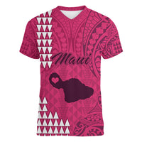 Maui Island Women V Neck T Shirt Kakau Tribal Mixed Polynesian Pattern Pink - Wonder Print Shop