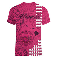 Maui Island Women V Neck T Shirt Kakau Tribal Mixed Polynesian Pattern Pink - Wonder Print Shop