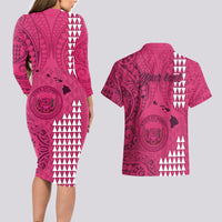 Personalised Maui Island Couples Matching Long Sleeve Bodycon Dress and Hawaiian Shirt Kakau Tribal Mixed Polynesian Pattern Pink LT9 - Wonder Print Shop