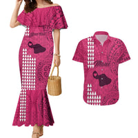 Personalised Maui Island Couples Matching Mermaid Dress and Hawaiian Shirt Kakau Tribal Mixed Polynesian Pattern Pink LT9 - Wonder Print Shop
