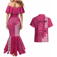 Personalised Maui Island Couples Matching Mermaid Dress and Hawaiian Shirt Kakau Tribal Mixed Polynesian Pattern Pink LT9 - Wonder Print Shop