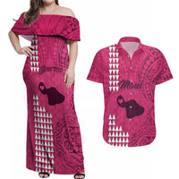 Personalised Maui Island Couples Matching Off Shoulder Maxi Dress and Hawaiian Shirt Kakau Tribal Mixed Polynesian Pattern Pink LT9 - Wonder Print Shop