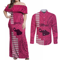Personalised Maui Island Couples Matching Off Shoulder Maxi Dress and Long Sleeve Button Shirts Kakau Tribal Mixed Polynesian Pattern Pink LT9 - Wonder Print Shop