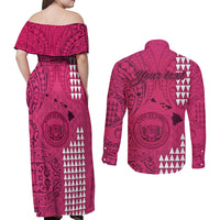 Personalised Maui Island Couples Matching Off Shoulder Maxi Dress and Long Sleeve Button Shirts Kakau Tribal Mixed Polynesian Pattern Pink LT9 - Wonder Print Shop