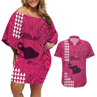 Personalised Maui Island Couples Matching Off Shoulder Short Dress and Hawaiian Shirt Kakau Tribal Mixed Polynesian Pattern Pink LT9 - Wonder Print Shop