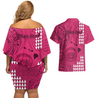 Personalised Maui Island Couples Matching Off Shoulder Short Dress and Hawaiian Shirt Kakau Tribal Mixed Polynesian Pattern Pink LT9 - Wonder Print Shop