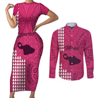 Personalised Maui Island Couples Matching Short Sleeve Bodycon Dress and Long Sleeve Button Shirts Kakau Tribal Mixed Polynesian Pattern Pink LT9 - Wonder Print Shop