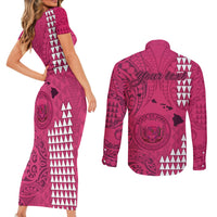 Personalised Maui Island Couples Matching Short Sleeve Bodycon Dress and Long Sleeve Button Shirts Kakau Tribal Mixed Polynesian Pattern Pink LT9 - Wonder Print Shop